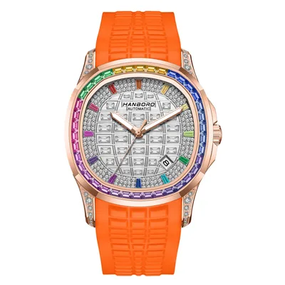 HANBORO Square Crystal Automatic Orange Rose Gold Men's Watch