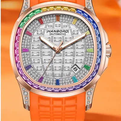 HANBORO Square Crystal Automatic Orange Rose Gold Men's Watch