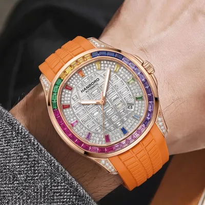 HANBORO Square Crystal Automatic Orange Rose Gold Men's Watch