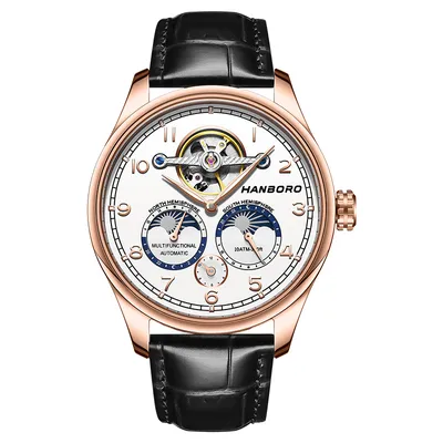 HANBORO World Time Series Men's Automatic Mechanical Watch with Skeletonized Flying Tourbillon and Dual Moon Phase
