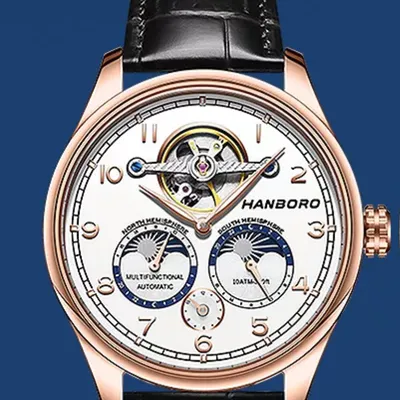 HANBORO World Time Series Men's Automatic Mechanical Watch with Skeletonized Flying Tourbillon and Dual Moon Phase