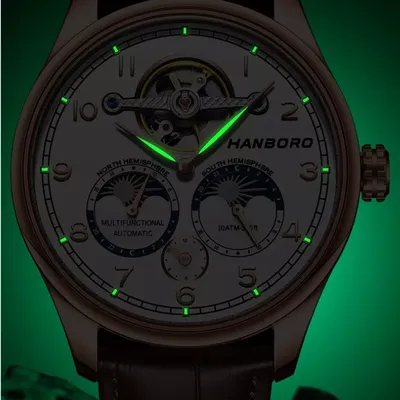 HANBORO World Time Series Men's Automatic Mechanical Watch with Skeletonized Flying Tourbillon and Dual Moon Phase