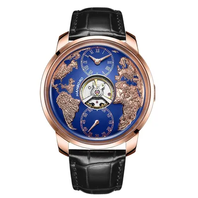 HANBORO World Time Series Men's Fully Automatic Mechanical Watch with Hollow Flywheel World Earth Personality Watch