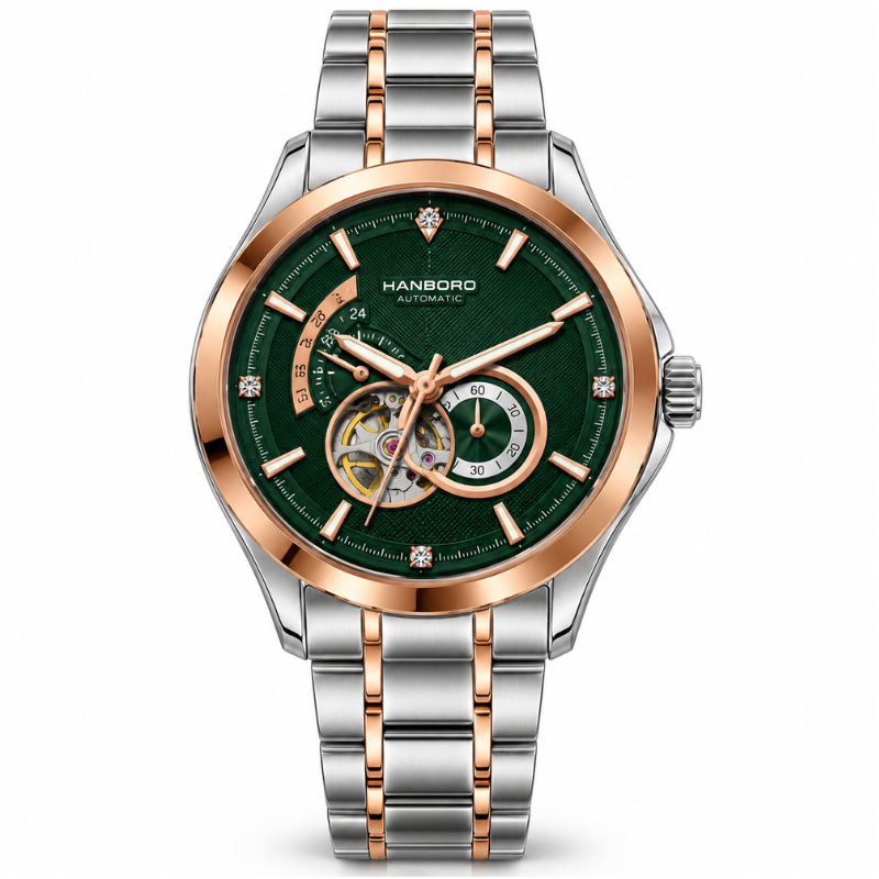 HANBORO Trendy Skeleton Green Dial Automatic Mechanical Watch 