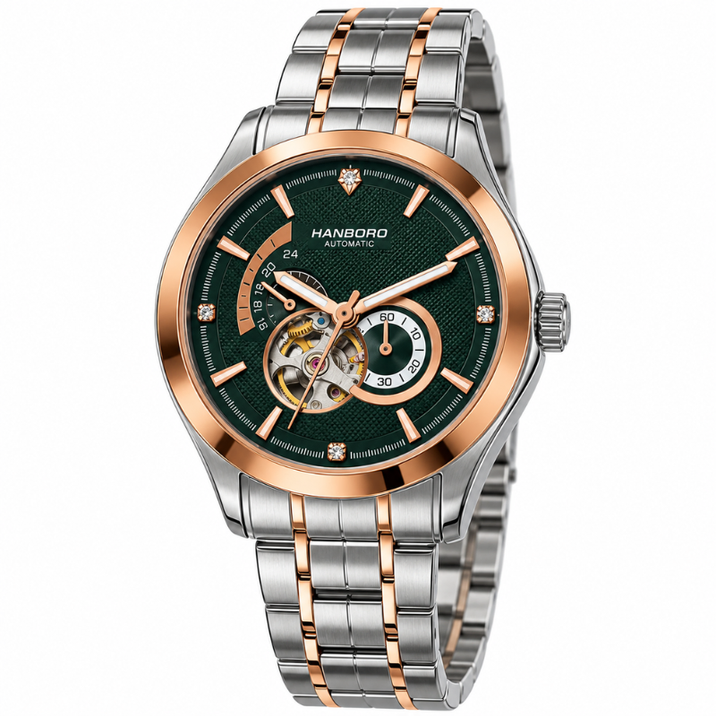 HANBORO Trendy Skeleton Green Dial Automatic Mechanical Watch 