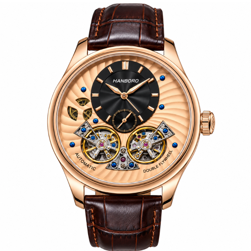 HANBORO Men's Double Flying Wheel Skeleton Automatic Mechanical rose gold Watch