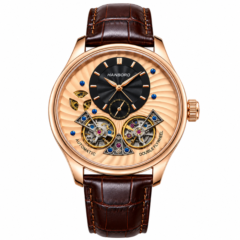HANBORO Men's Double Flying Wheel Skeleton Automatic Mechanical rose gold Watch