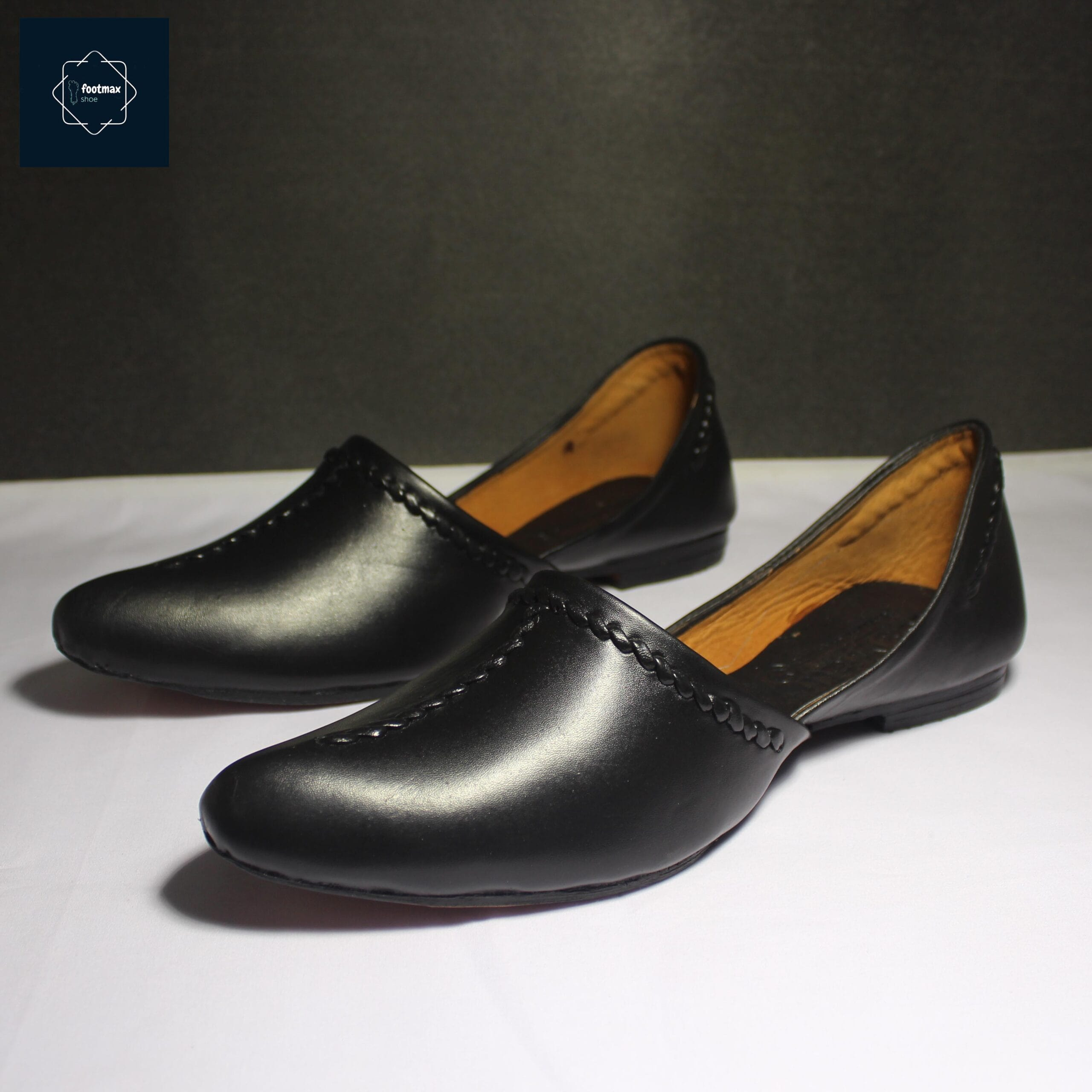 Footmax Men’s Black Leather Ethnic Flats – Handcrafted Detail