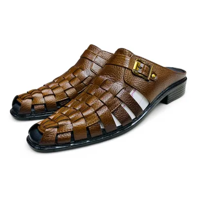 Men’s Brown Leather Woven Sandals – Adjustable Buckle