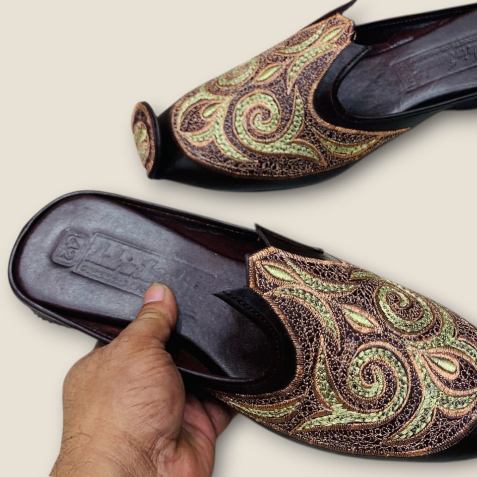 Men’s Handcrafted Luxury Mules – Dark Brown Leather with Gold Embroidery – Traditional Elegance