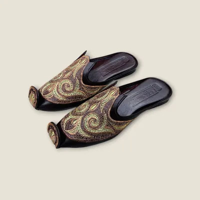 Men’s Handcrafted Luxury Mules – Dark Brown Leather with Gold Embroidery – Traditional Elegance