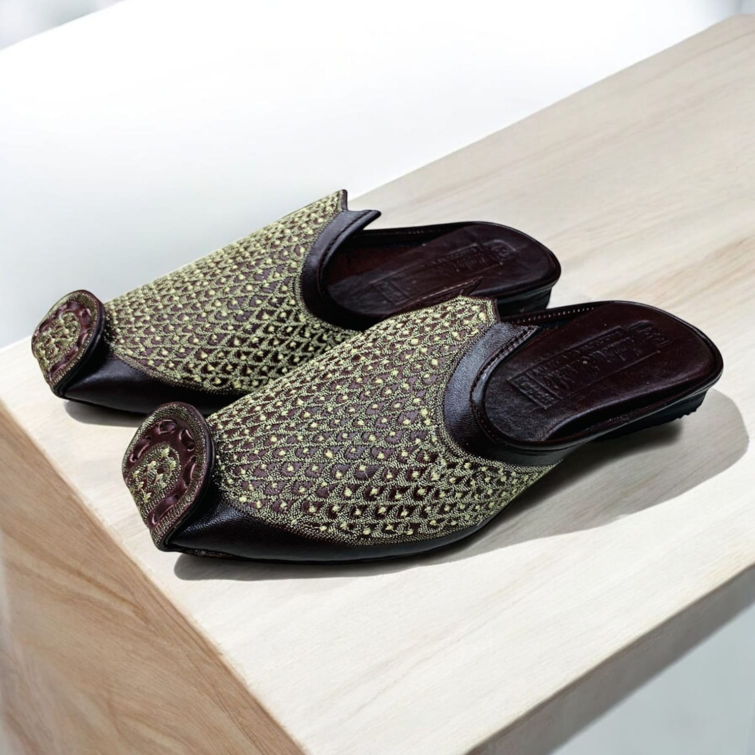 Men’s Handcrafted Luxury Mules – Dark Leather with Intricate Gold Dot Embroidery – Traditional Elegance