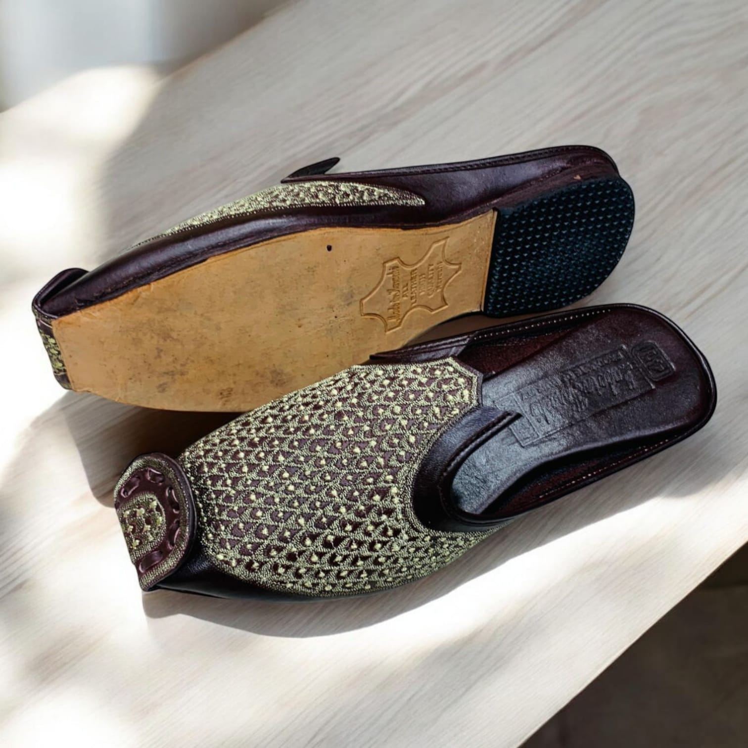Men’s Handcrafted Luxury Mules – Dark Leather with Intricate Gold Dot Embroidery – Traditional Elegance