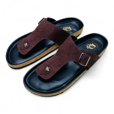 Men’s Stylish T-Strap Sandals – Rich Brown Suede-like with Cork-Inspired Sole