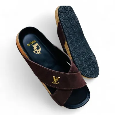 Men’s Luxury Embroidered Mules – Rich Brown with Gold Wavy Zari Work – Traditional Pakistani Style