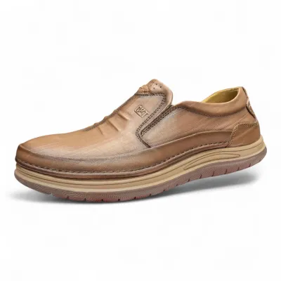 Tan & Brown Leather Slip-On Shoes—Everyday Comfort with Stylish Embossed Detail