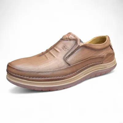 Tan & Brown Leather Slip-On Shoes—Everyday Comfort with Stylish Embossed Detail