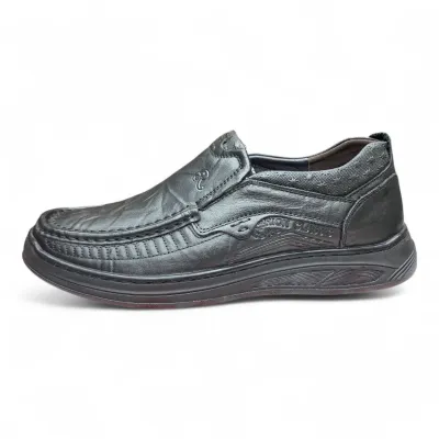 Black Leather Slip-On—Classic Comfort with Moc-Toe Stitching 