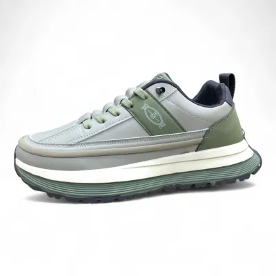 Olive & Gray Fashion Sneakers — Street-Ready Style with Retro Emblem