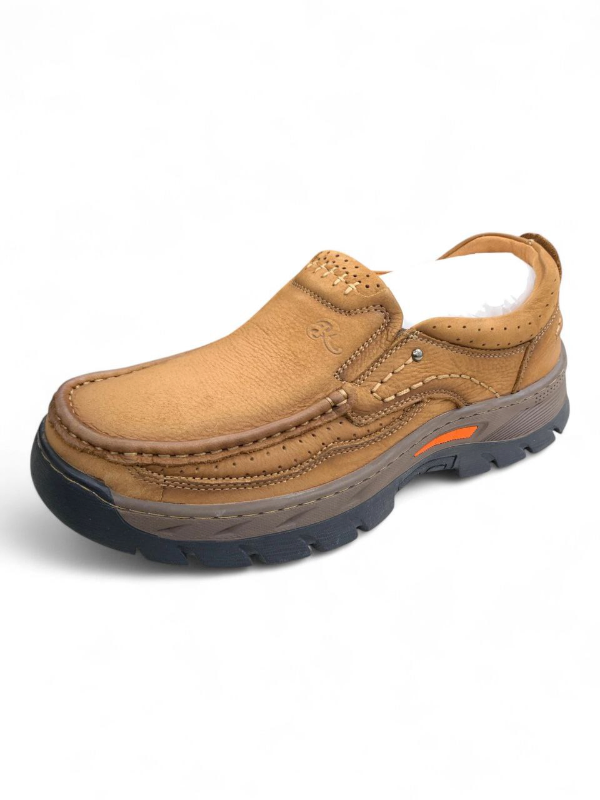 Brown Moccasin Casual Shoes — Rugged Sole with Orange Accents 
