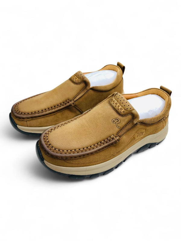 Brown Moccasin Casual Shoes — Rugged Sole with Orange Accents 