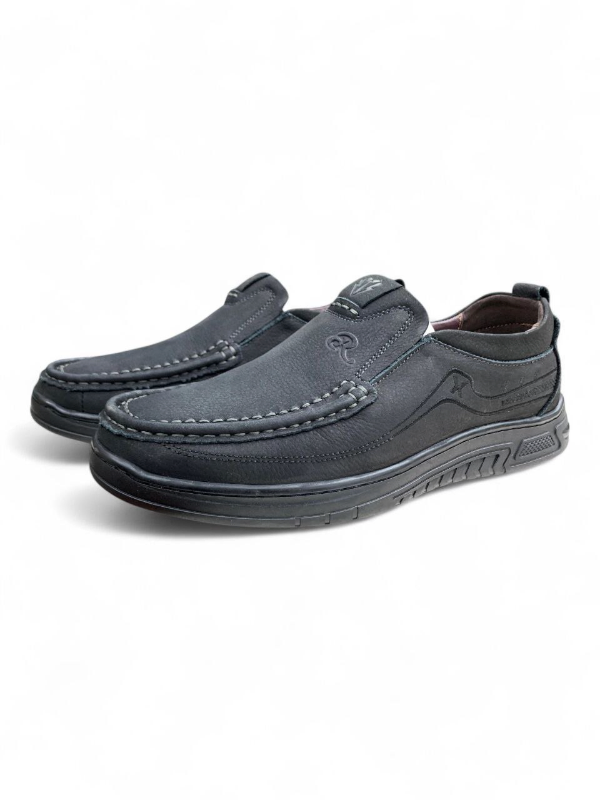 Black Moccasin Slip-On Shoes—Chevron Sole Grip & White Stitch Detailing 