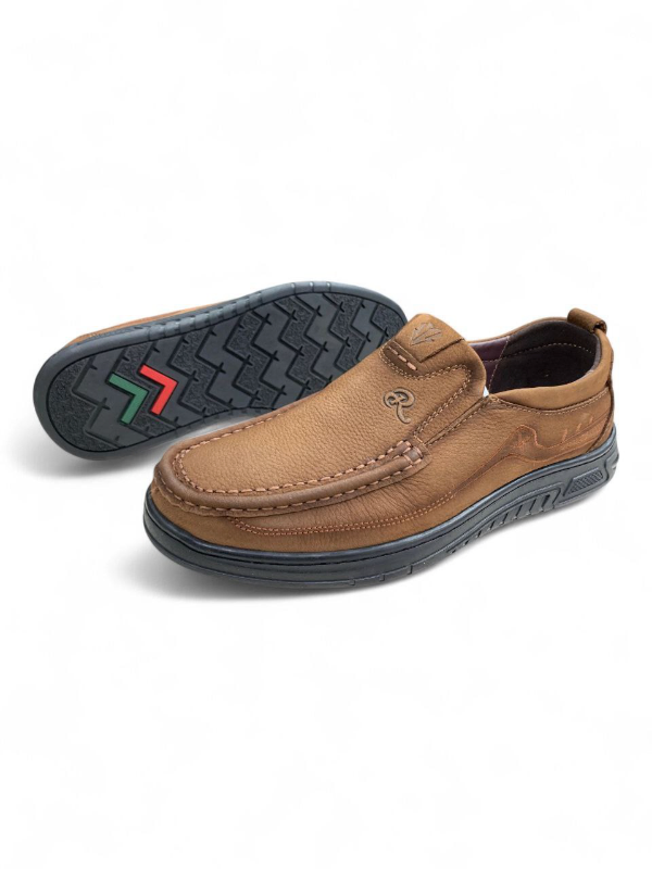 Black Moccasin Slip-On Shoes—Chevron Sole Grip & White Stitch Detailing 