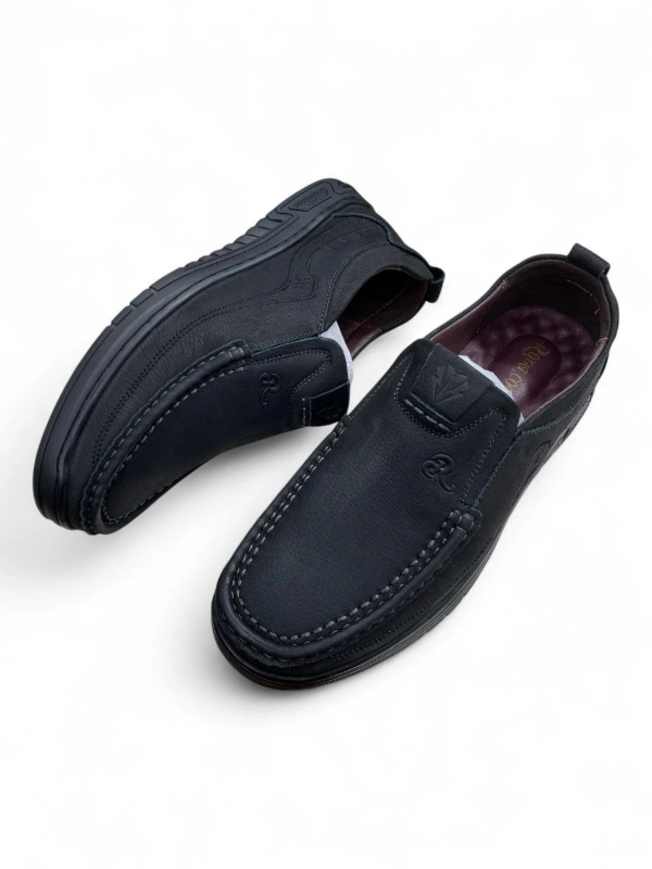 Black Moccasin Slip-On Shoes—Chevron Sole Grip & White Stitch Detailing 