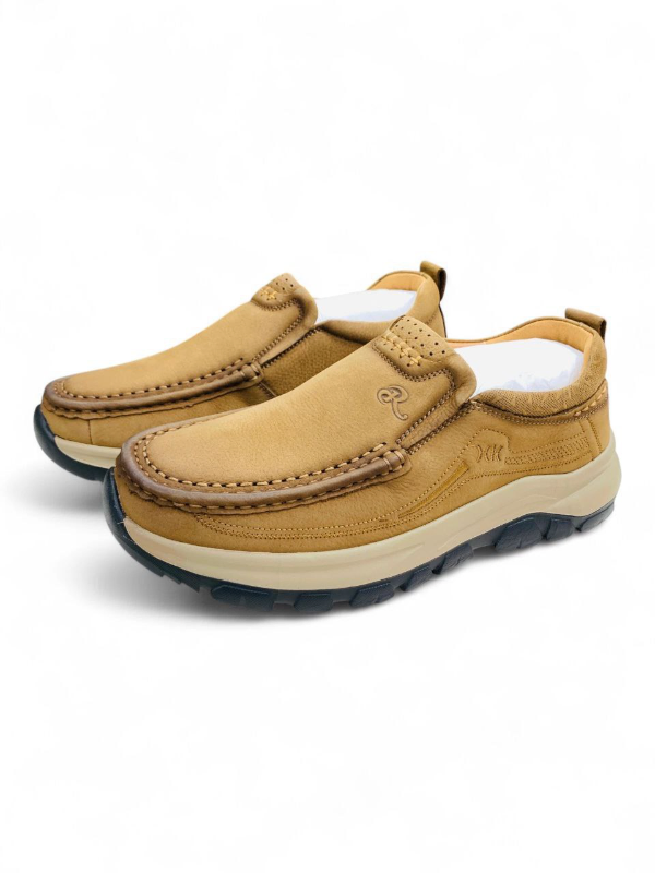 Tan & Brown Moccasin Slip-On Shoes — Stitched Comfort with Rugged Sole 