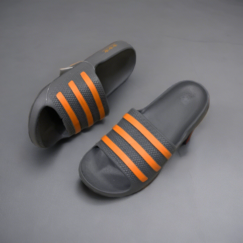 Dark Gray Slide Sandals Orange Stripes Textured Grip