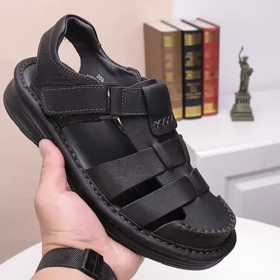  A generation of men's summer new leather hook and loop leisure comfortable beach Baotou sandals middle-aged father shoes