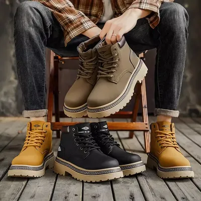 New Autumn and Winter Men's Shoes Leather Fashion Boots Waterproof Anti-Slip Rhubarb Boots Cross-Border Large Size