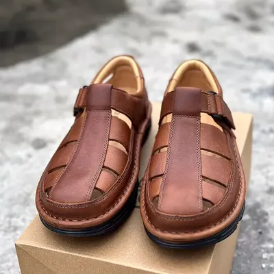 Foreign Trade Men's Leather Sandals Handmade Cowhide Hollow Casual Sandals Leather Breathable Lightweight Non-slip 