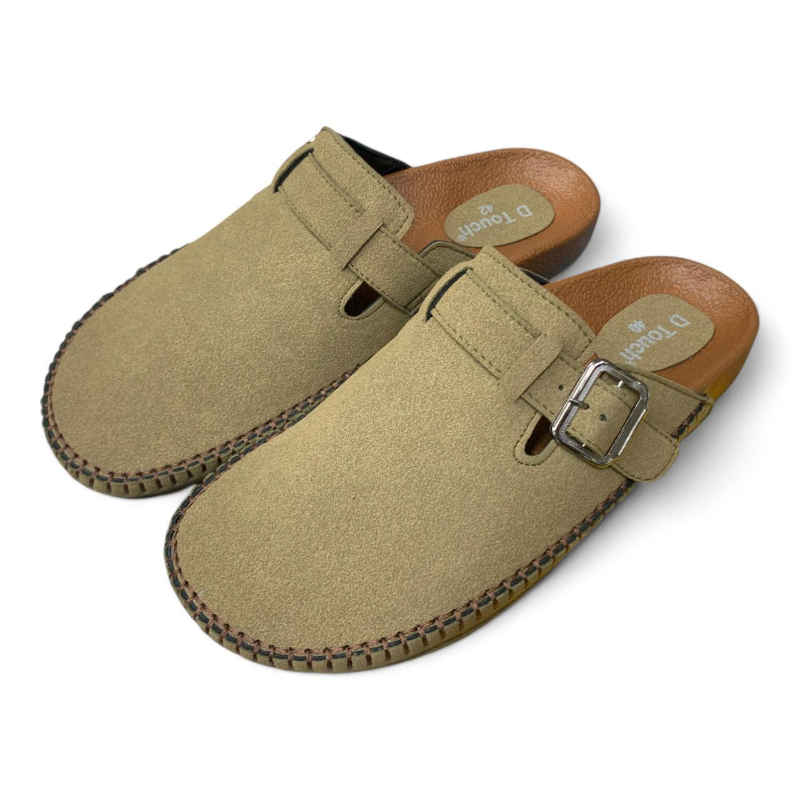Suede Clogs — Light Brown Slip-On with Buckle Strap