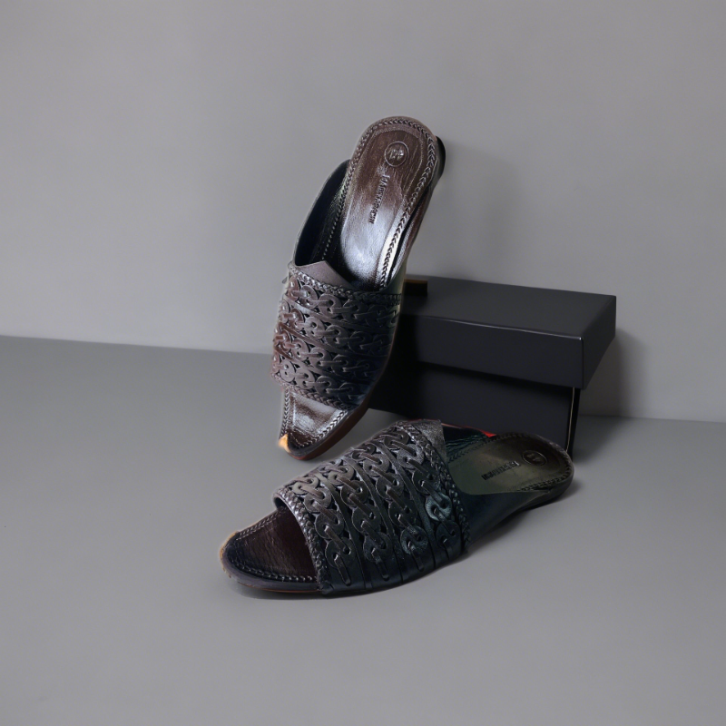 Brown Leather Peshawari Chappal — Curled Toe Handcrafted Design