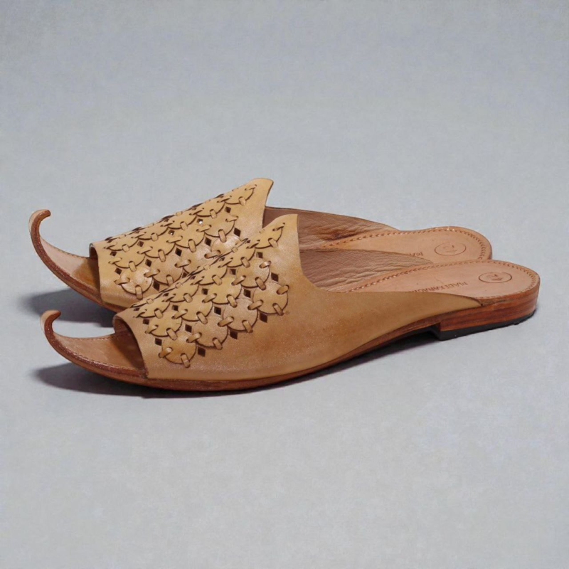 White/Brown Khussa Sandals —Handcrafted Leather with Floral Cut-Outs
