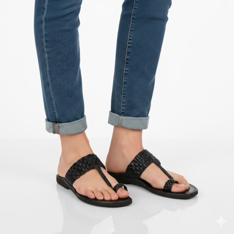 Black Kolhapuri Chappals Handcrafted Leather Sandals 