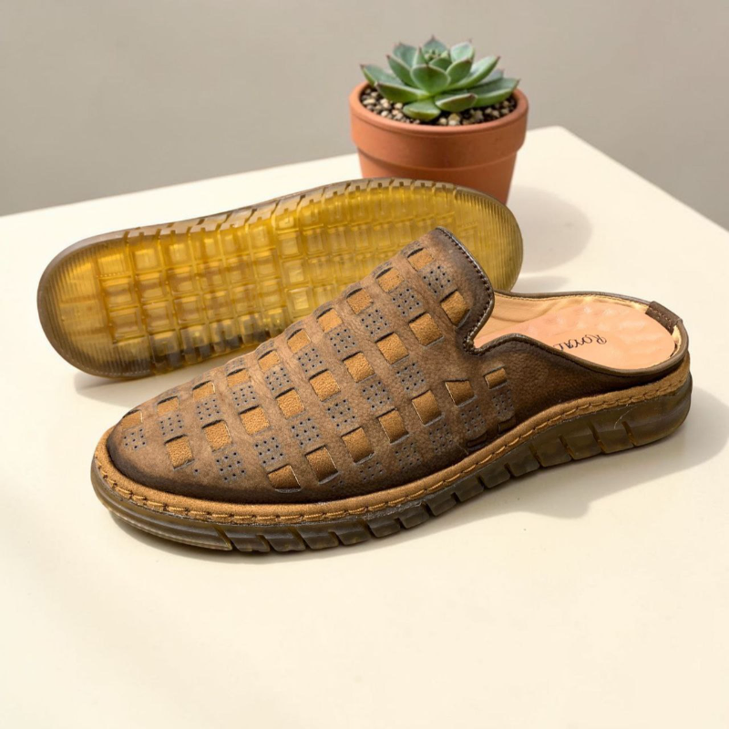 Pure Leather  Brown Slip-On Shoes — Grid Cut-Out Design