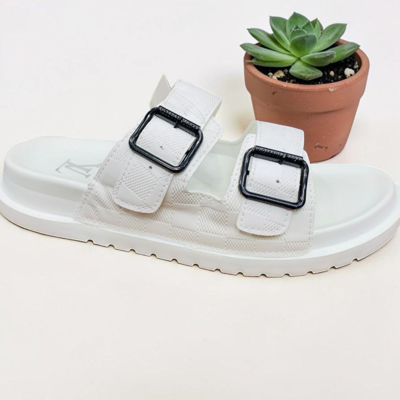 White Buckle Sandals — Checkered Texture Design