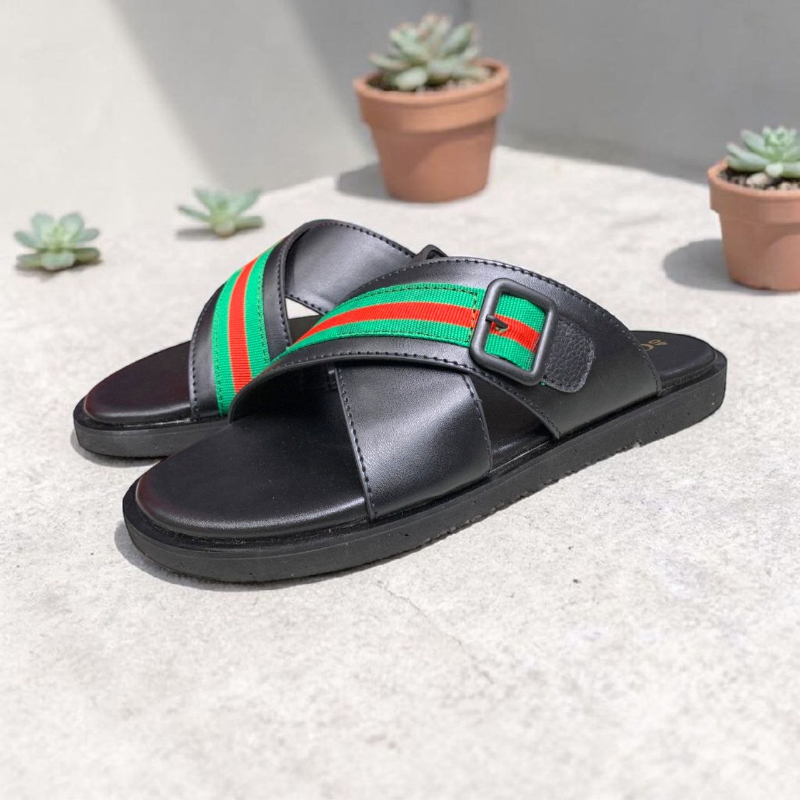 Men’s Luxury Crossover Slides with Signature Striped Webbing