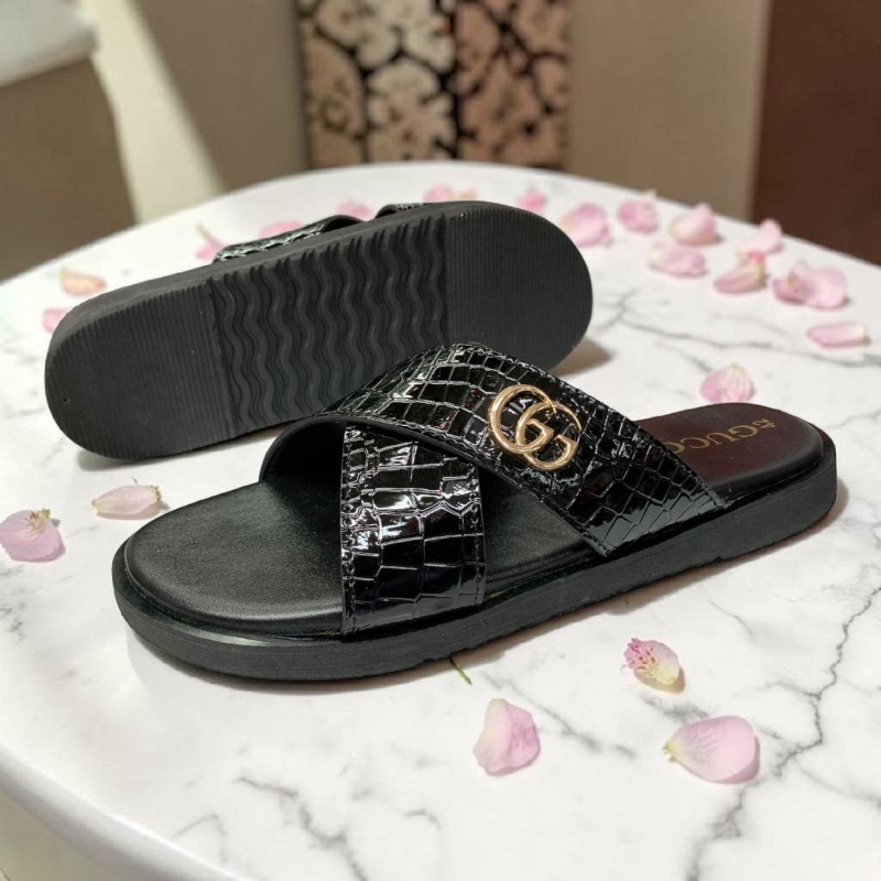 Men's Croc-Embossed Cross-Strap Slides Black & Brown, Gold Hardware