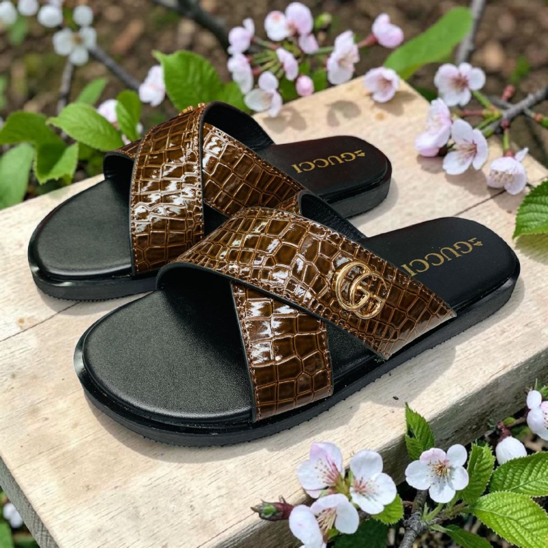 Men's Croc-Embossed Cross-Strap Slides Black & Brown, Gold Hardware