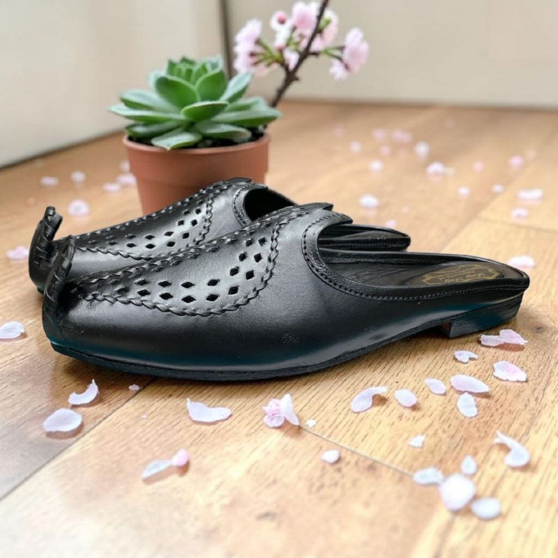 Men's Black Leather Kolhapuri Mule Perforated Upper, Genuine Leather Sole