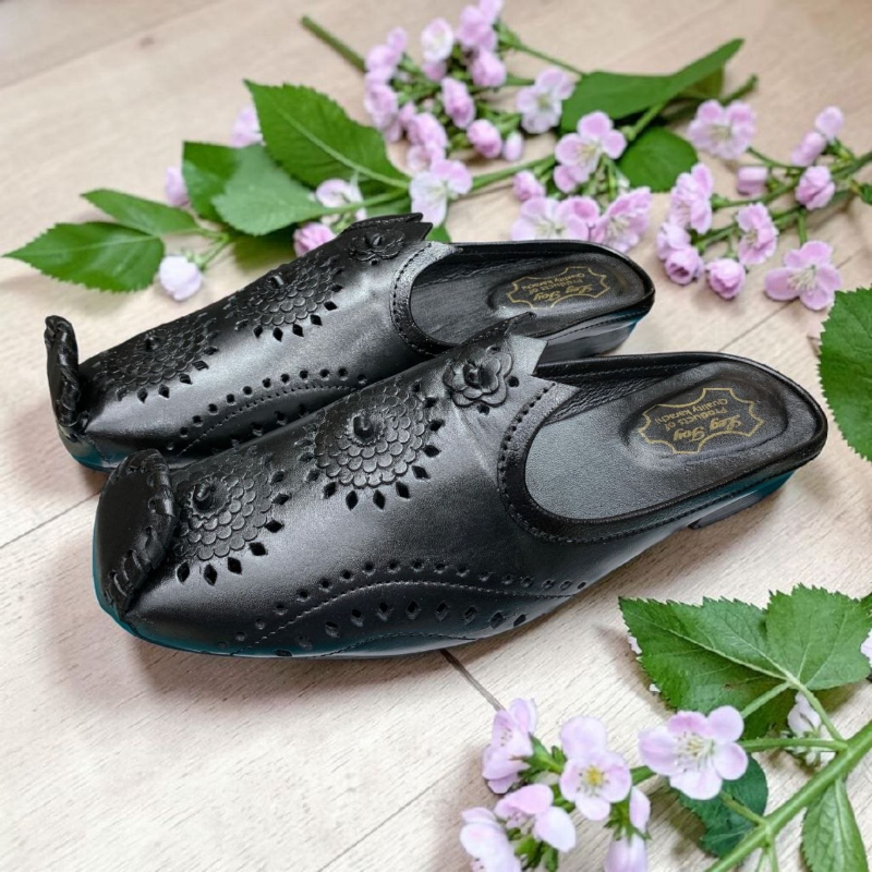 Men's Black Leather Kolhapuri Mule Perforated Upper, Genuine Leather Sole