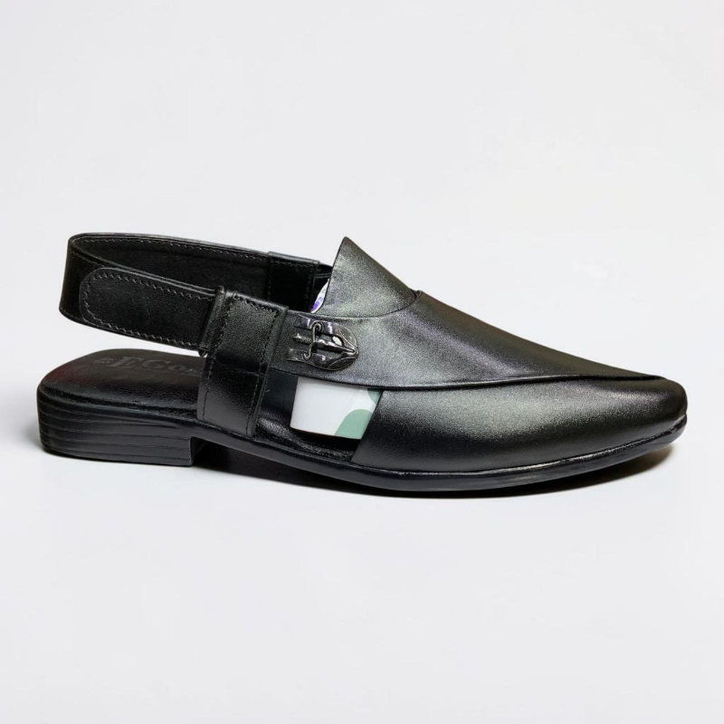  Men's Leather Peshawari Chappal Slingback Sandal with Metal Buckle, Tan & Black