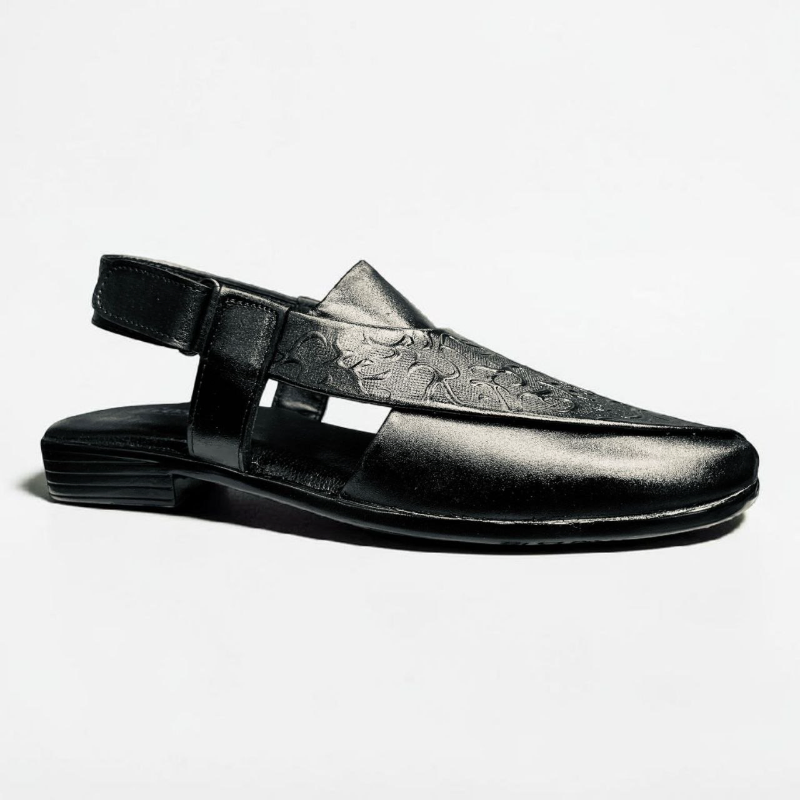  Men's Leather Peshawari Chappal  Slingback Sandal with Metal Buckle, Tan & Black