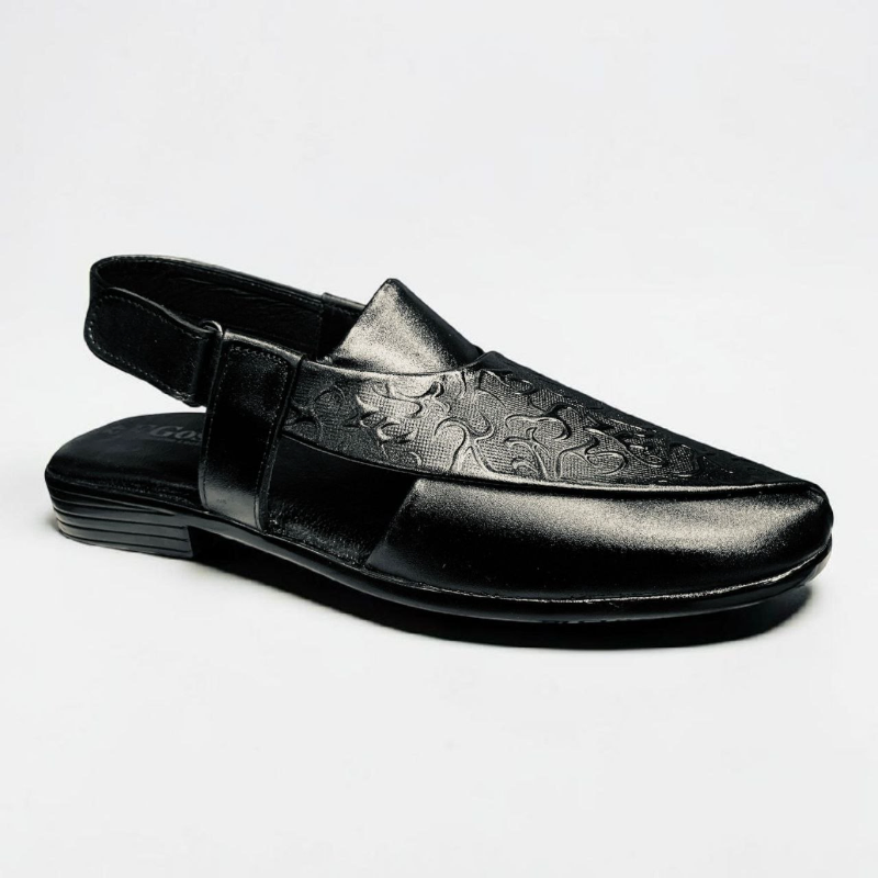  Men's Leather Peshawari Chappal  Slingback Sandal with Metal Buckle, Tan & Black