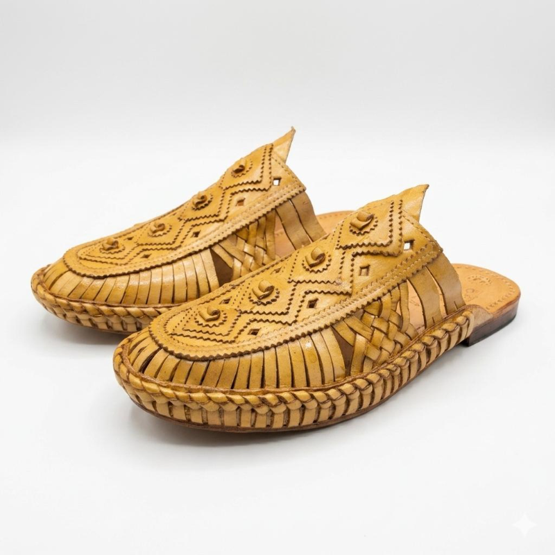  Men's Handcrafted Kolhapuri Mule –Woven Leather, Carved Upper, Natural Tan