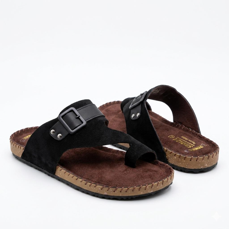 Men's Suede Toe-Loop Sandal Single Buckle Strap, Cork Footbed, 3 Colors