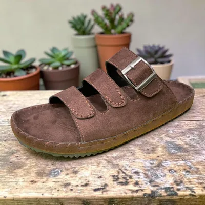 Men's Wide-Strap Suede Slides Velcro Closure, Webbing Tab, Cork Footbed